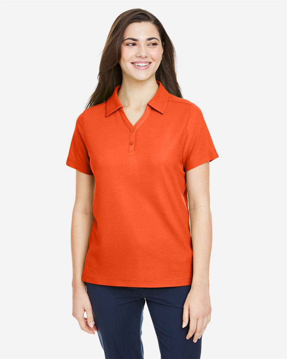 Women's Fusion ChromaSoft™ Pique Polo - OnModelFront - B280A7662 - Campus Orange