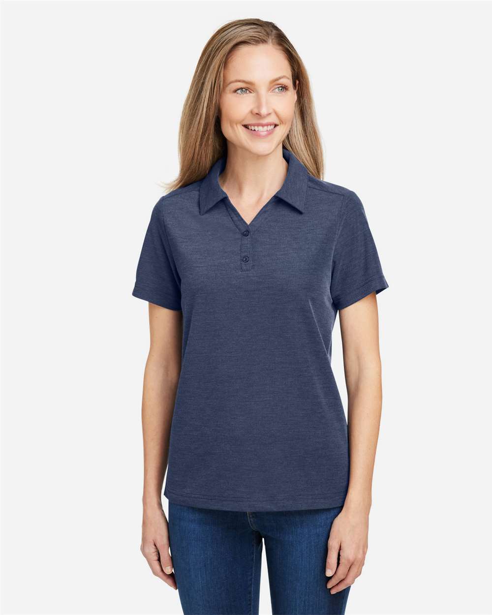 Women's Fusion ChromaSoft™ Pique Polo - OnModelFront - B280A7682 - Classic Navy Heather