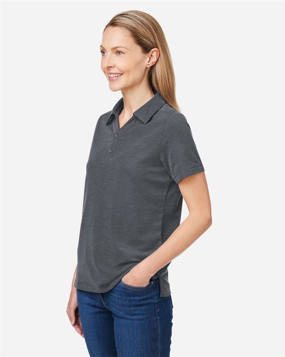 Women's Fusion ChromaSoft™ Pique Polo - OnModelSide - B280A7102 - Carbon Heather