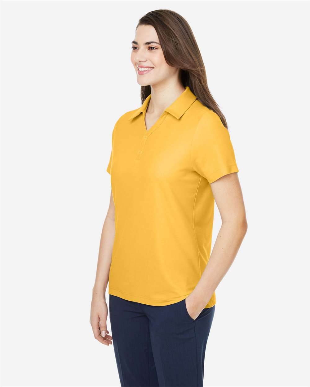 Women's Fusion ChromaSoft™ Pique Polo - OnModelSide - B280A7122 - Campus Gold