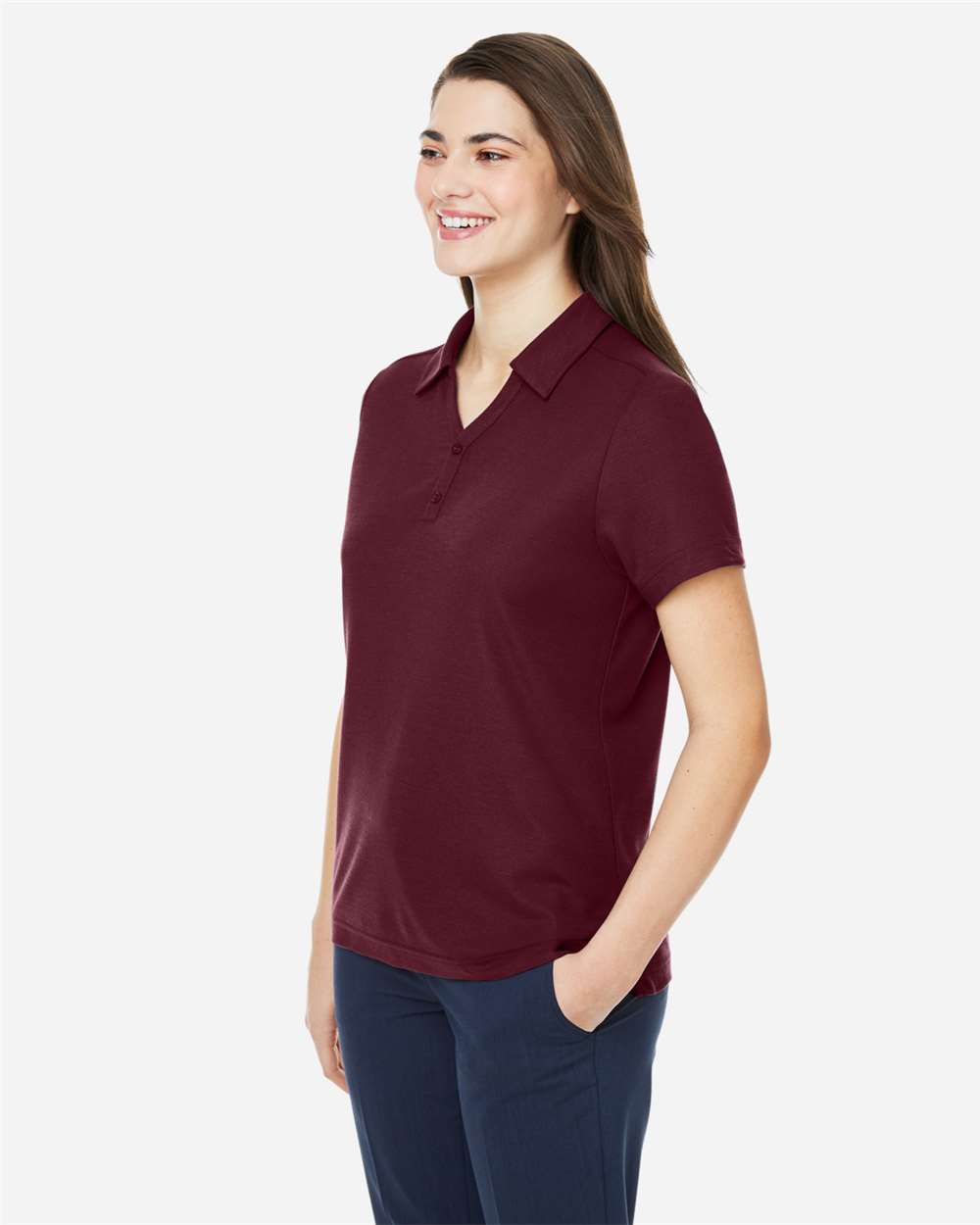 Women's Fusion ChromaSoft™ Pique Polo - OnModelSide - B280A7532 - Burgundy