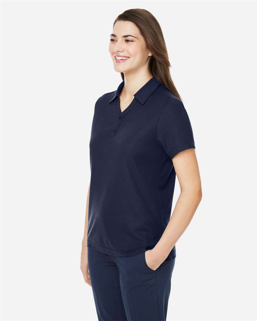 Women's Fusion ChromaSoft™ Pique Polo - OnModelSide - B280A7652 - Classic Navy
