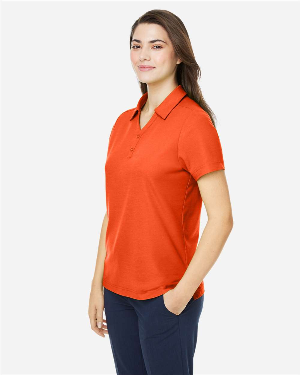 Women's Fusion ChromaSoft™ Pique Polo - OnModelSide - B280A7662 - Campus Orange
