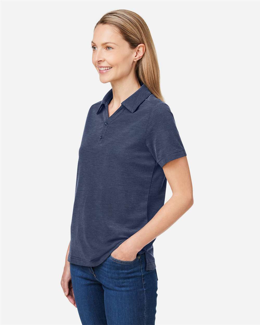 Women's Fusion ChromaSoft™ Pique Polo - OnModelSide - B280A7682 - Classic Navy Heather