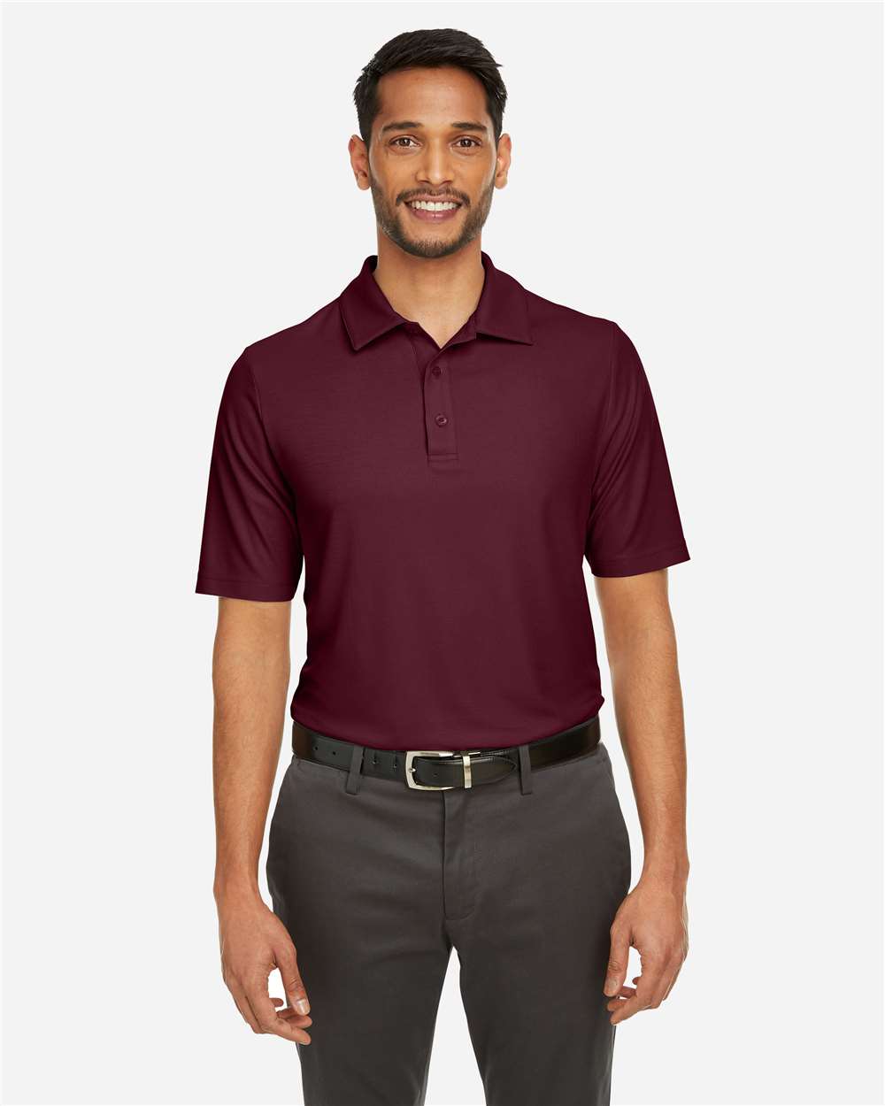 Men's Fusion ChromaSoft™ Pique Polo - OnModelFront - B275A7533 - Burgundy