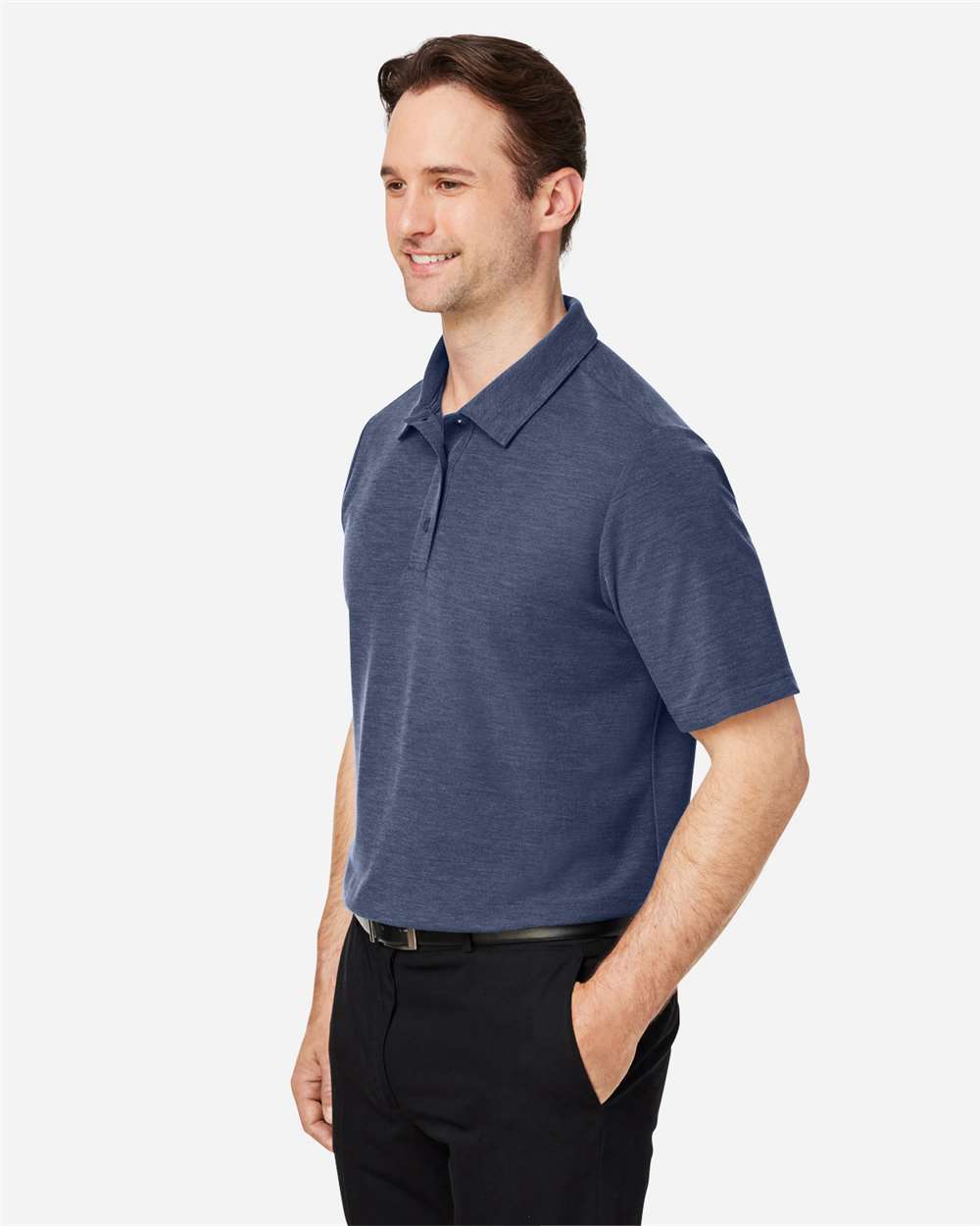 Men's Fusion ChromaSoft™ Pique Polo - OnModelSide - B275A7113 - Classic Navy Heather