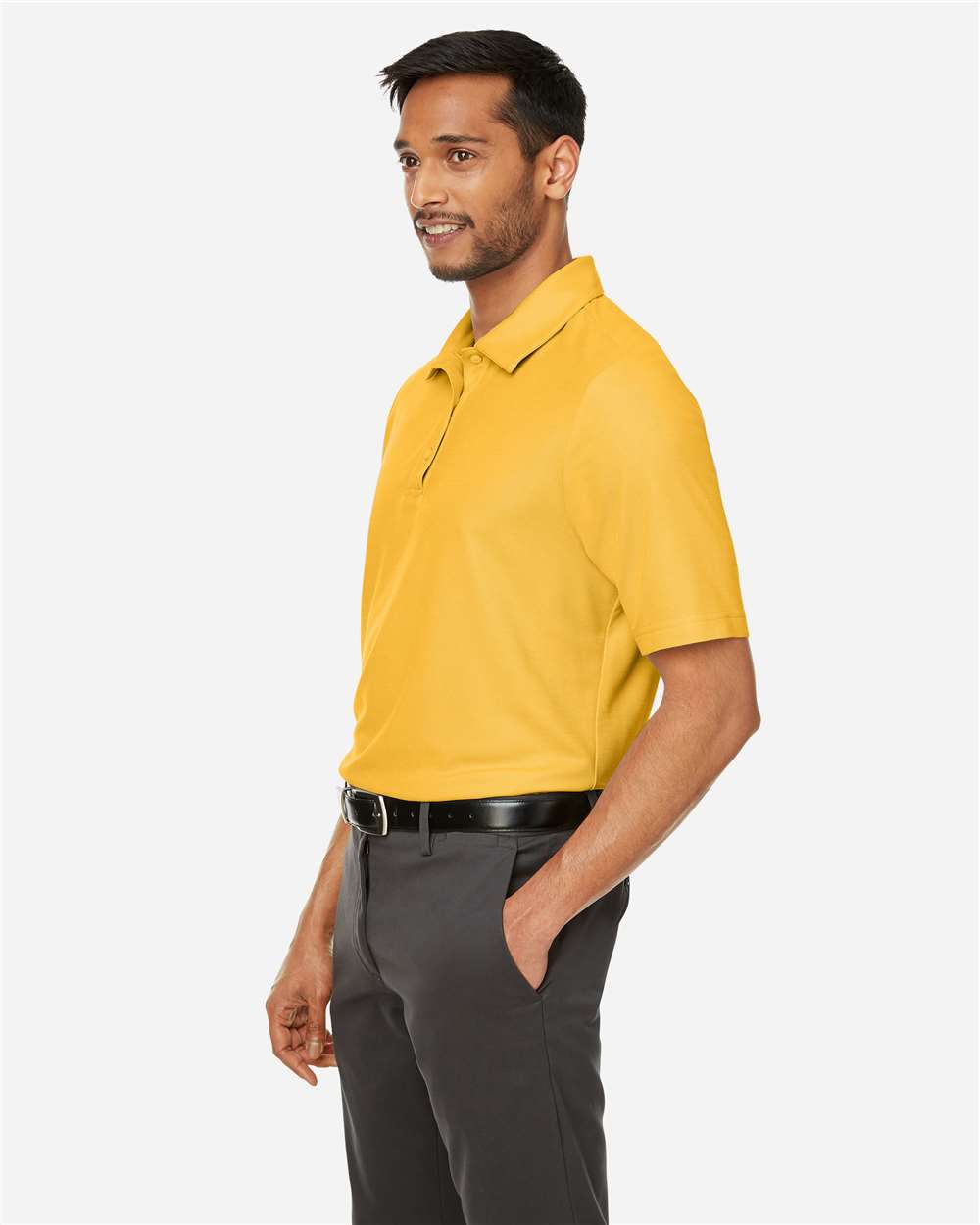 Men's Fusion ChromaSoft™ Pique Polo - OnModelSide - B275A7123 - Campus Gold