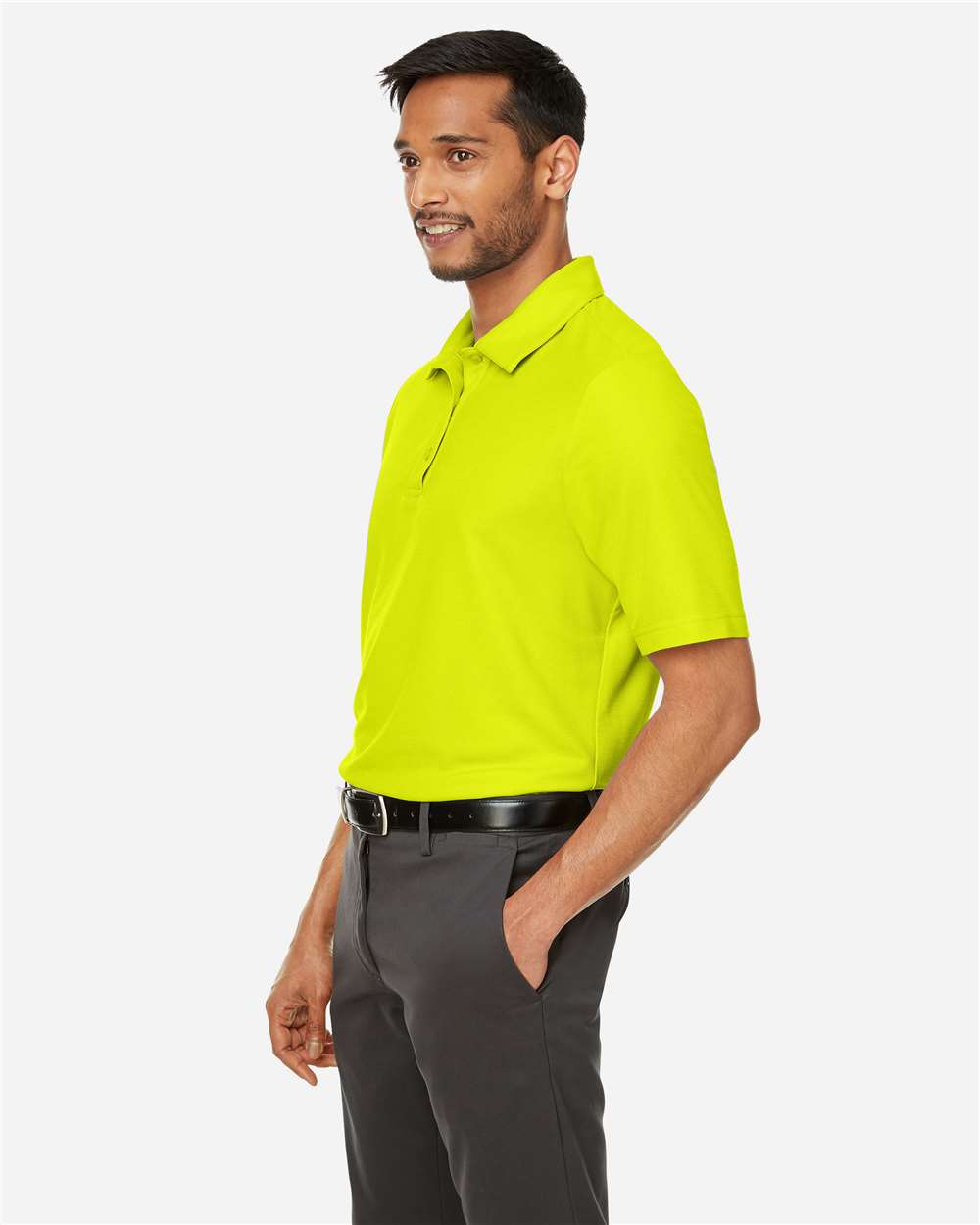 Men's Fusion ChromaSoft™ Pique Polo - OnModelSide - B275A7163 - Safety Yellow