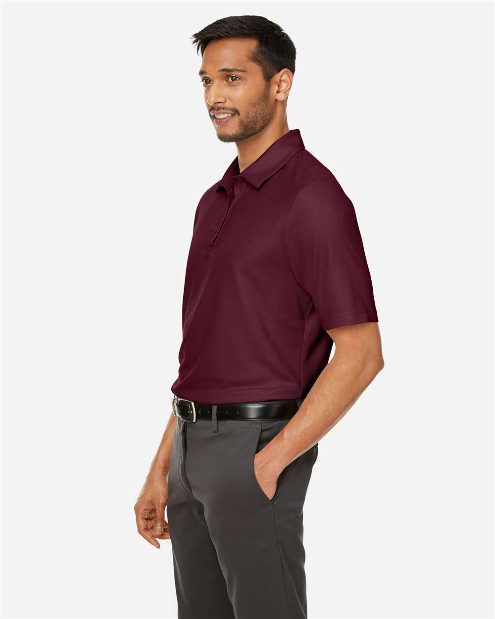 Men's Fusion ChromaSoft™ Pique Polo - OnModelSide - B275A7533 - Burgundy