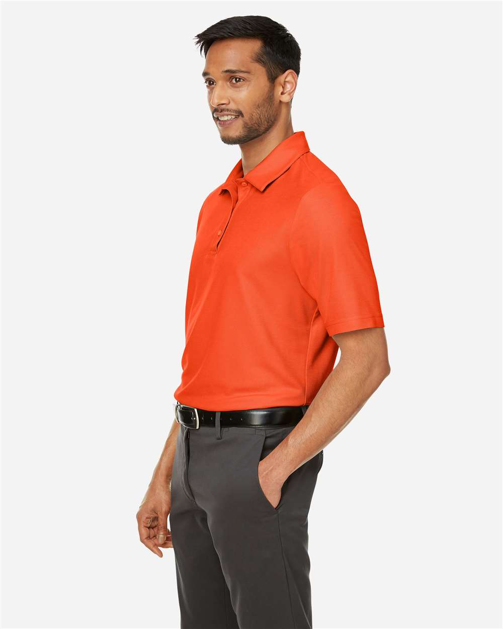 Men's Fusion ChromaSoft™ Pique Polo - OnModelSide - B275A7663 - Campus Orange