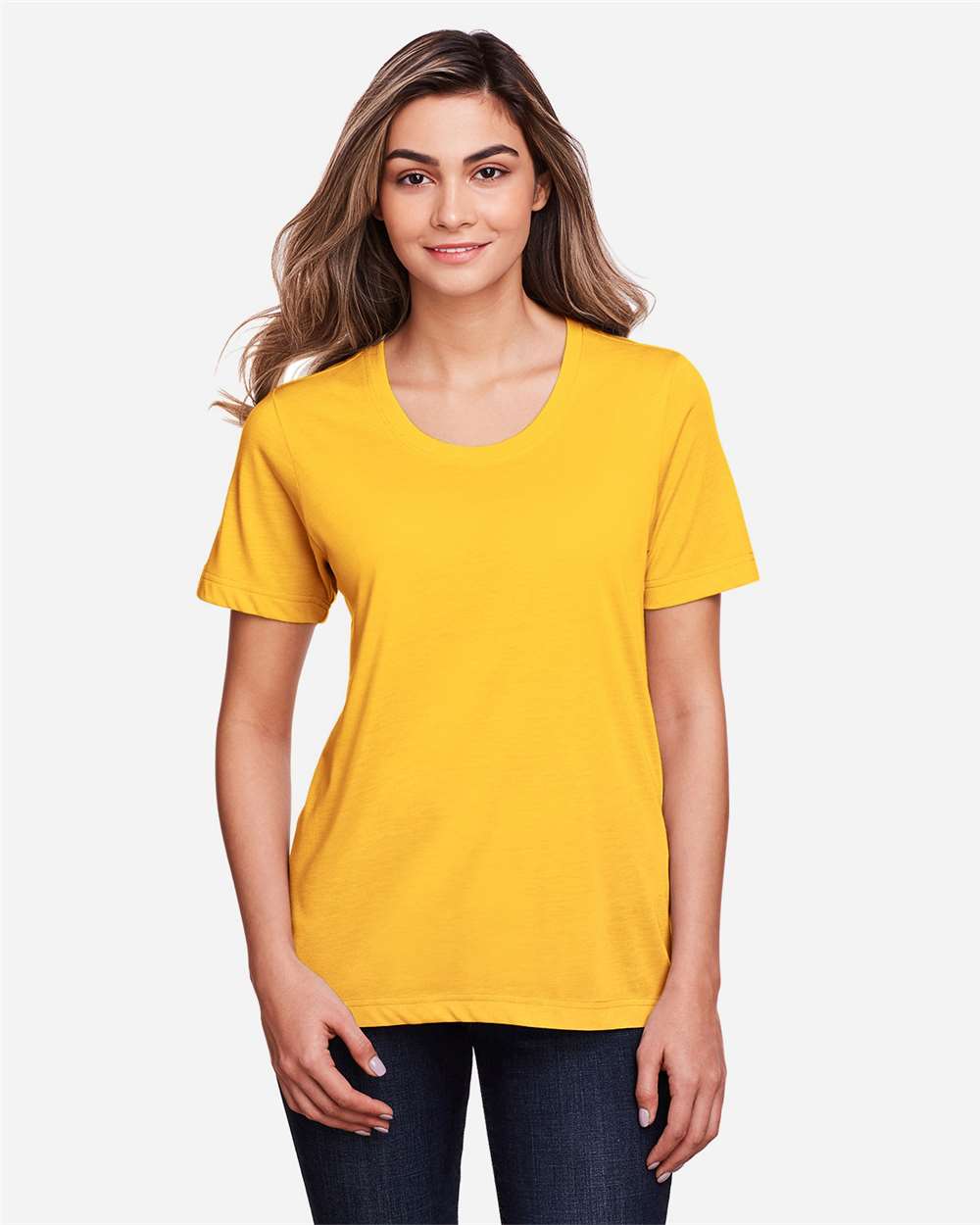 Women's Fusion ChromaSoft™ Performance T-Shirt - OnModelFront - B273A7122 - Campus Gold