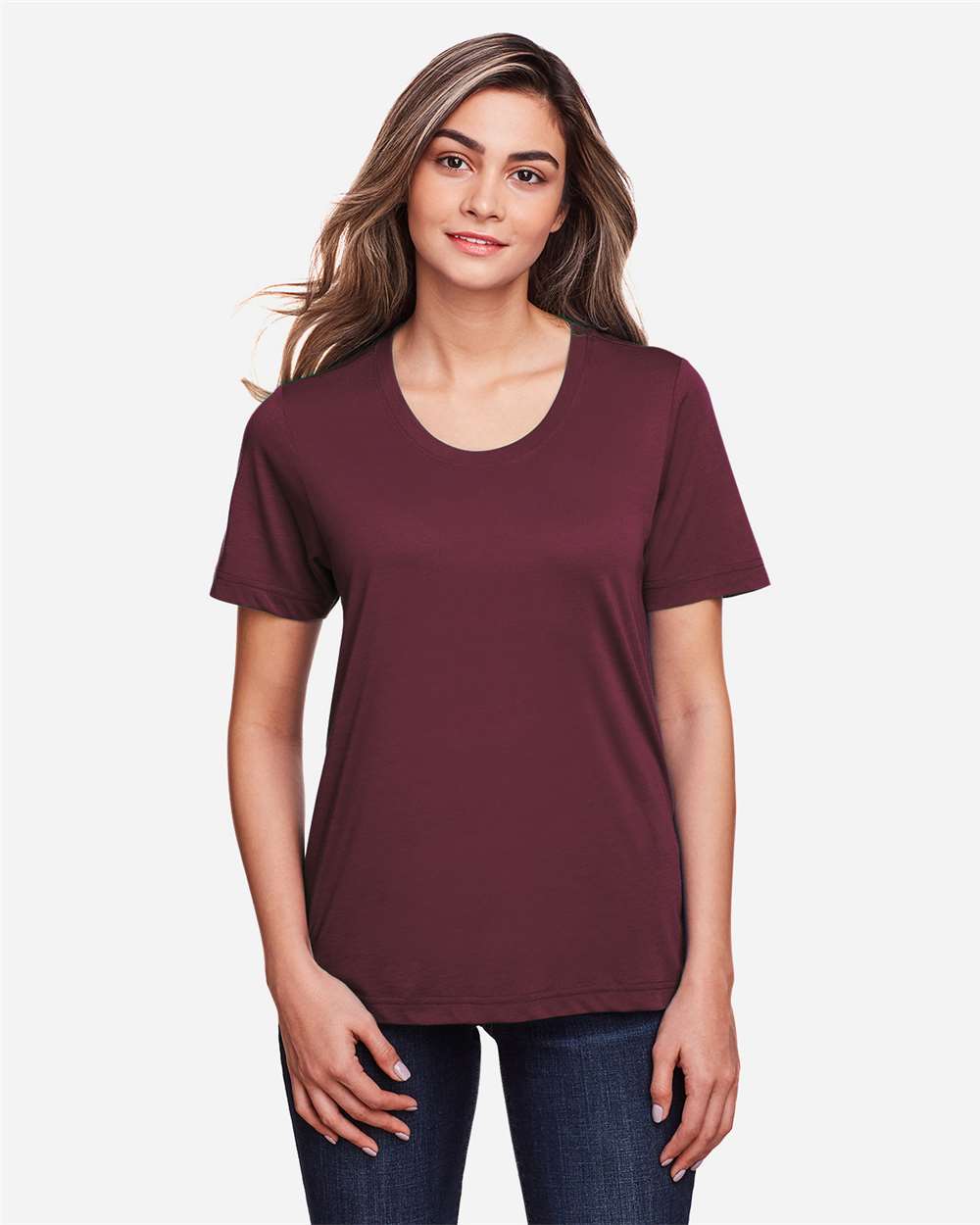 Women's Fusion ChromaSoft™ Performance T-Shirt - OnModelFront - B273A7532 - Burgundy