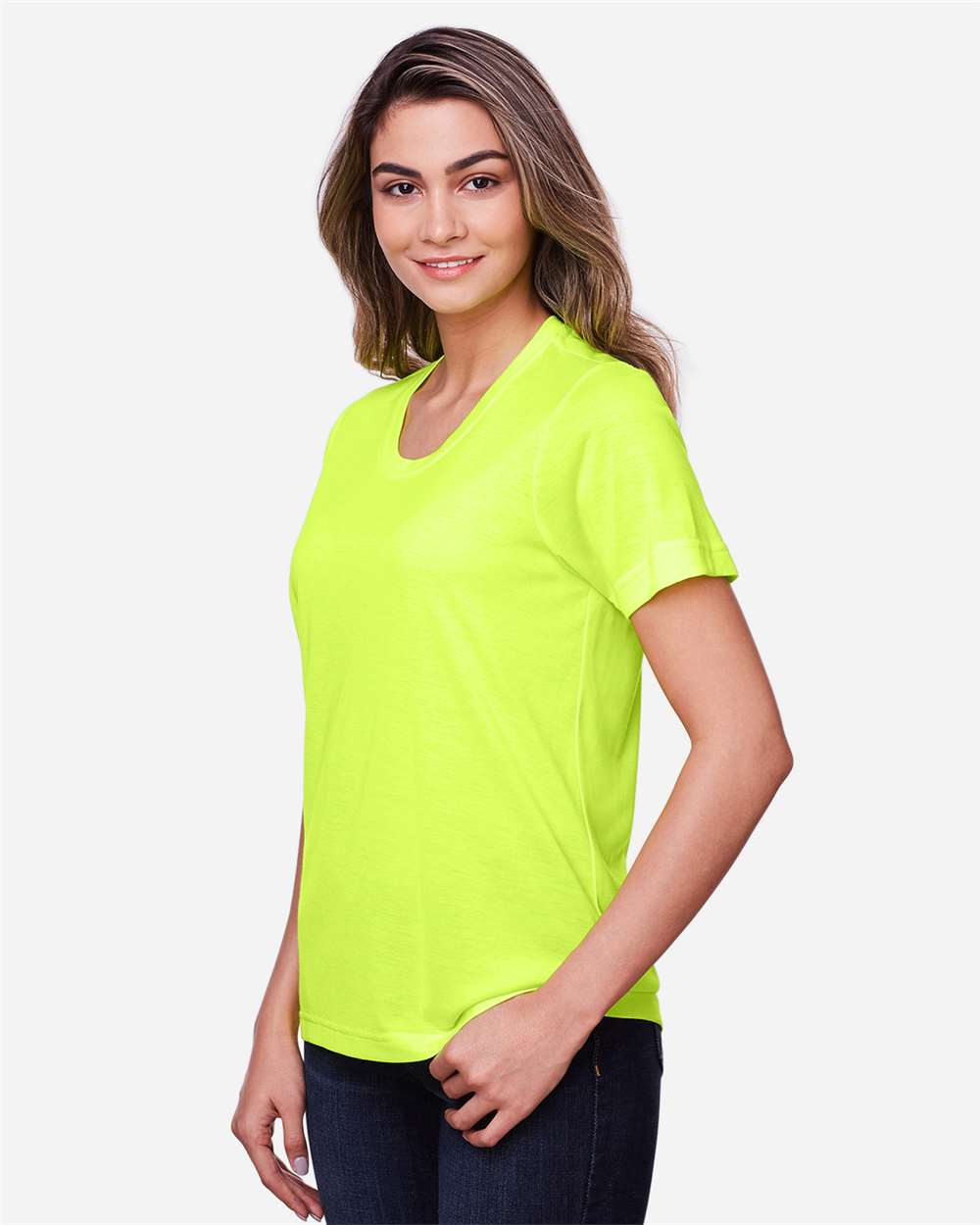 Women's Fusion ChromaSoft™ Performance T-Shirt - OnModelSide - B273A7162 - Safety Yellow
