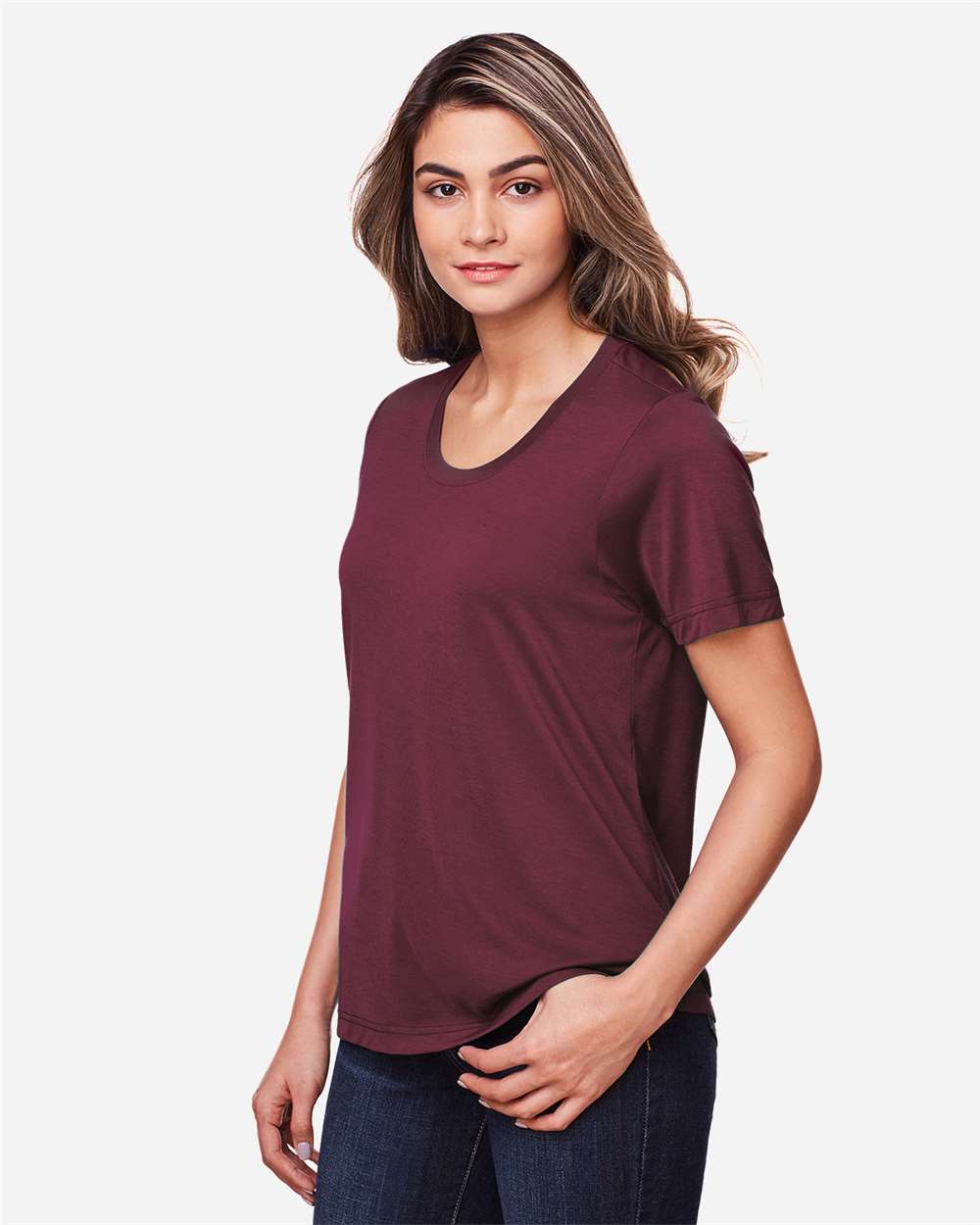 Women's Fusion ChromaSoft™ Performance T-Shirt - OnModelSide - B273A7532 - Burgundy