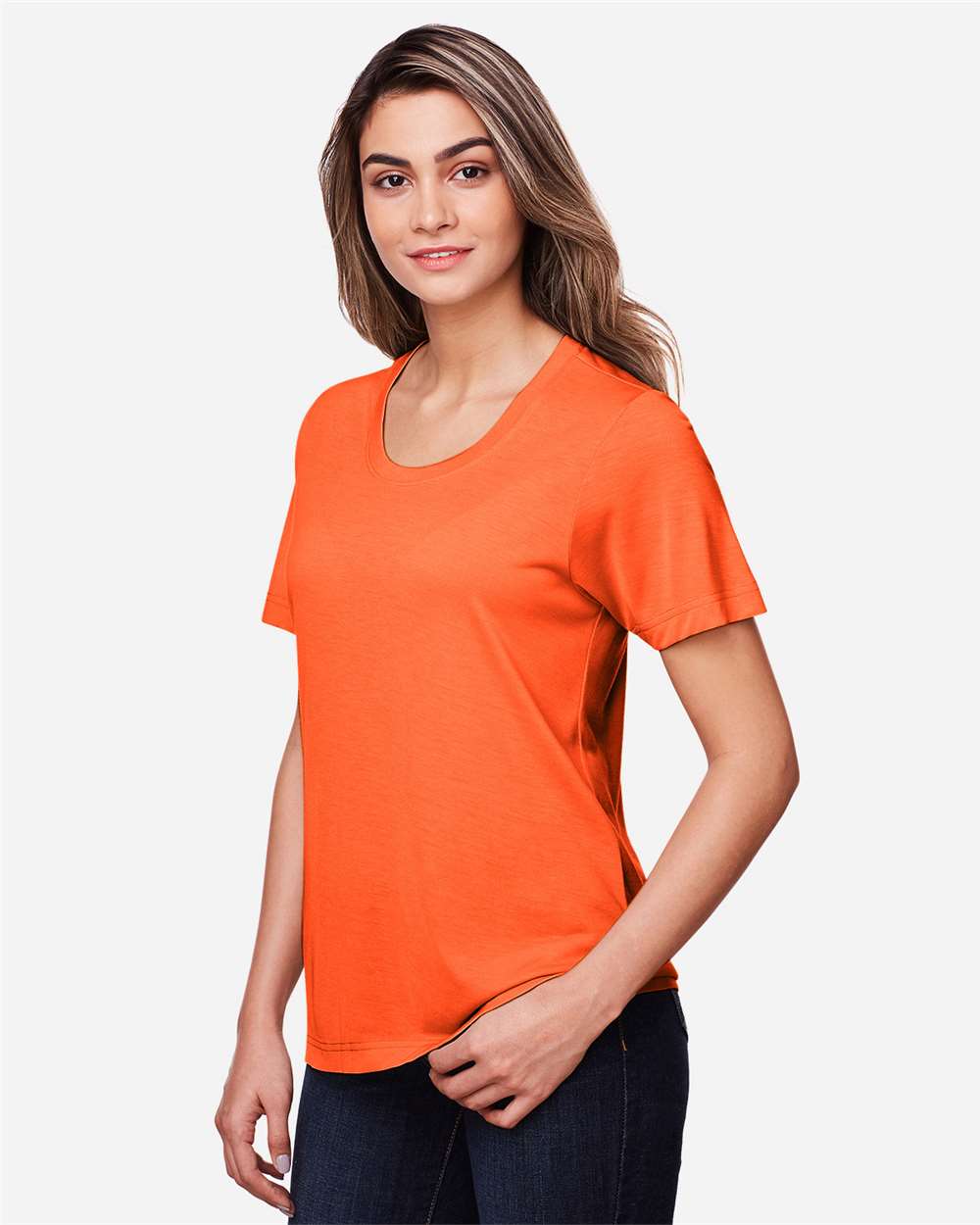 Women's Fusion ChromaSoft™ Performance T-Shirt - OnModelSide - B273A7662 - Campus Orange