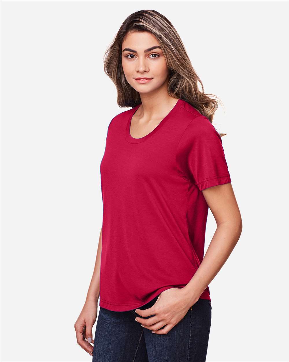 Women's Fusion ChromaSoft™ Performance T-Shirt - OnModelSide - B273A7702 - Classic Red