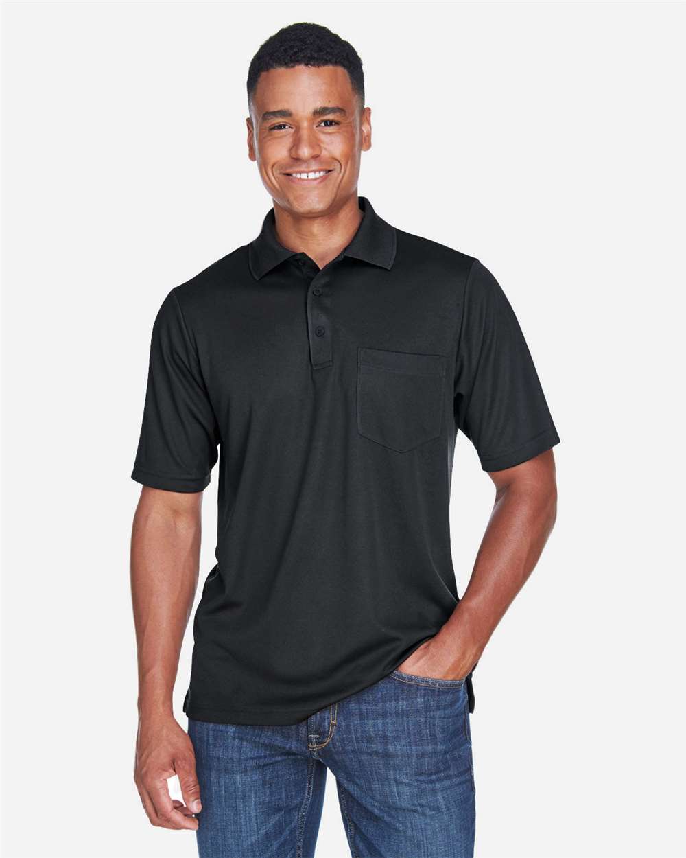 Men's Origin Performance Piqué Polo with Pocket - OnModelFront - B222A7503 - Black