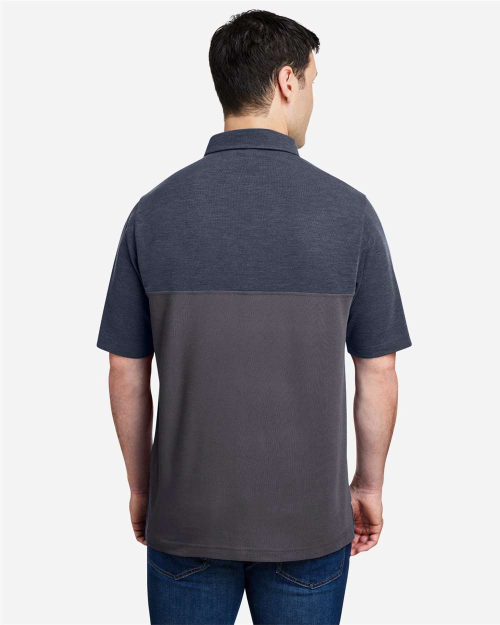 Men's Fusion ChromaSoft™ Colorblock Polo - OnModelBack - B276A7103 - Carbon/ Classic Navy Heather