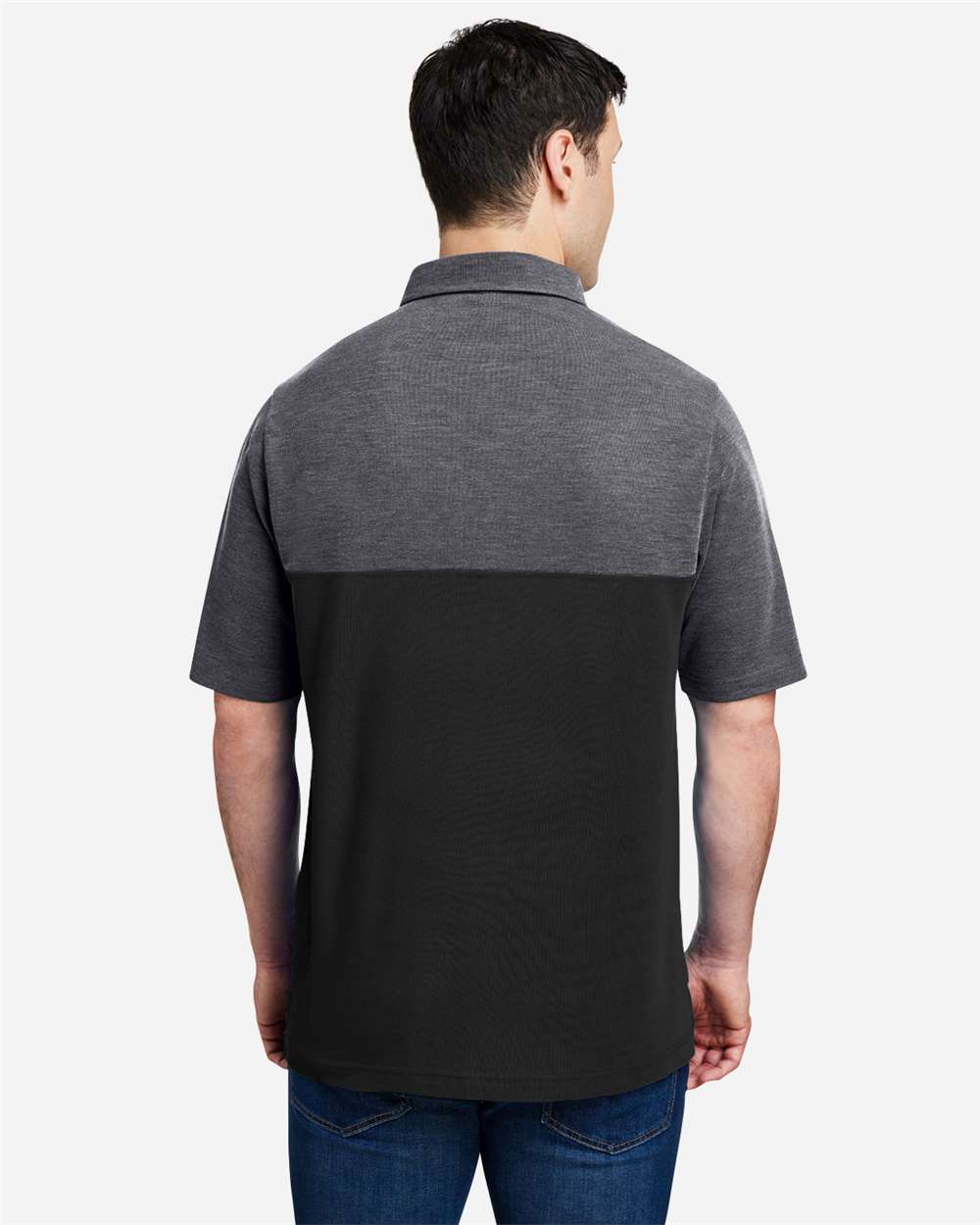 Men's Fusion ChromaSoft™ Colorblock Polo - OnModelBack - B276A7503 - Black/ Carbon Heather