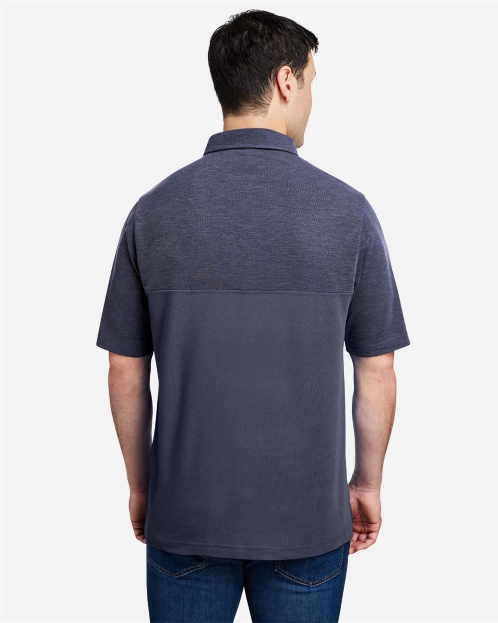 Men's Fusion ChromaSoft™ Colorblock Polo - OnModelBack - B276A7653 - Classic Navy/ Classic Navy Heather