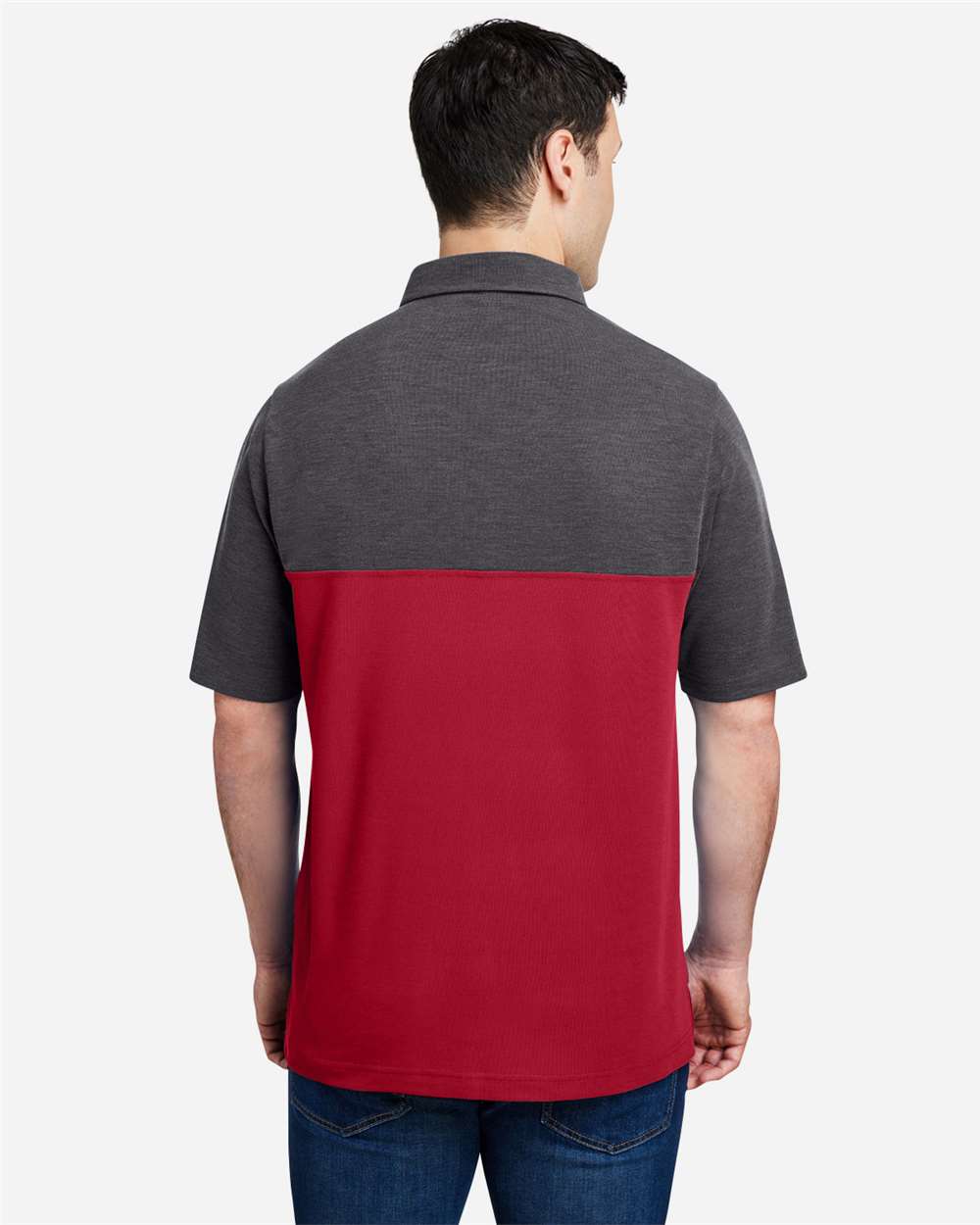 Men's Fusion ChromaSoft™ Colorblock Polo - OnModelBack - B276A7703 - Classic Red/ Carbon Heather