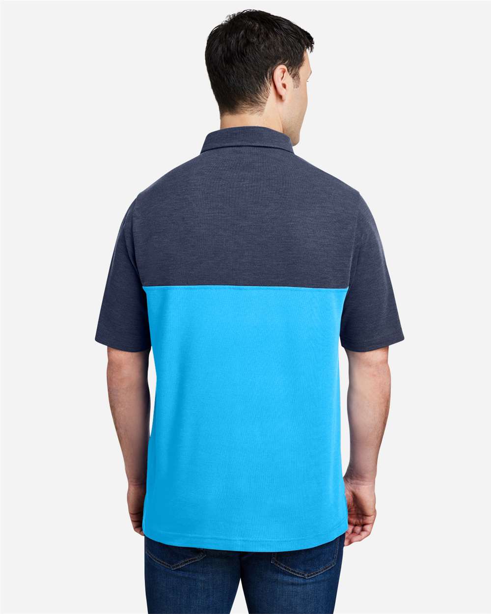Men's Fusion ChromaSoft™ Colorblock Polo - OnModelBack - B276A7763 - Electric Blue/ Classic Navy Heather