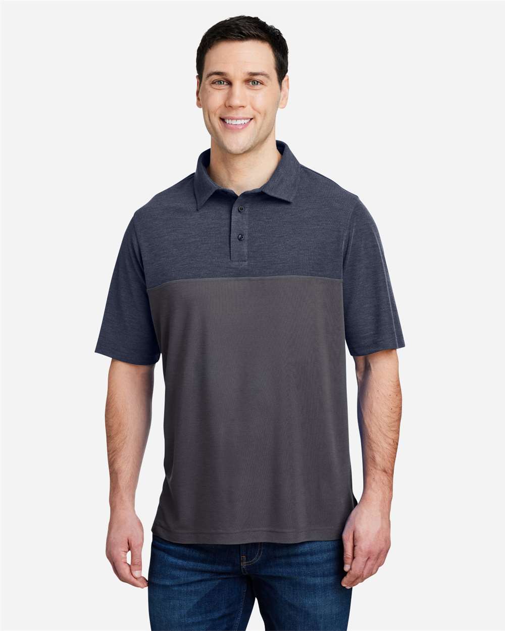 Men's Fusion ChromaSoft™ Colorblock Polo - OnModelFront - B276A7103 - Carbon/ Classic Navy Heather