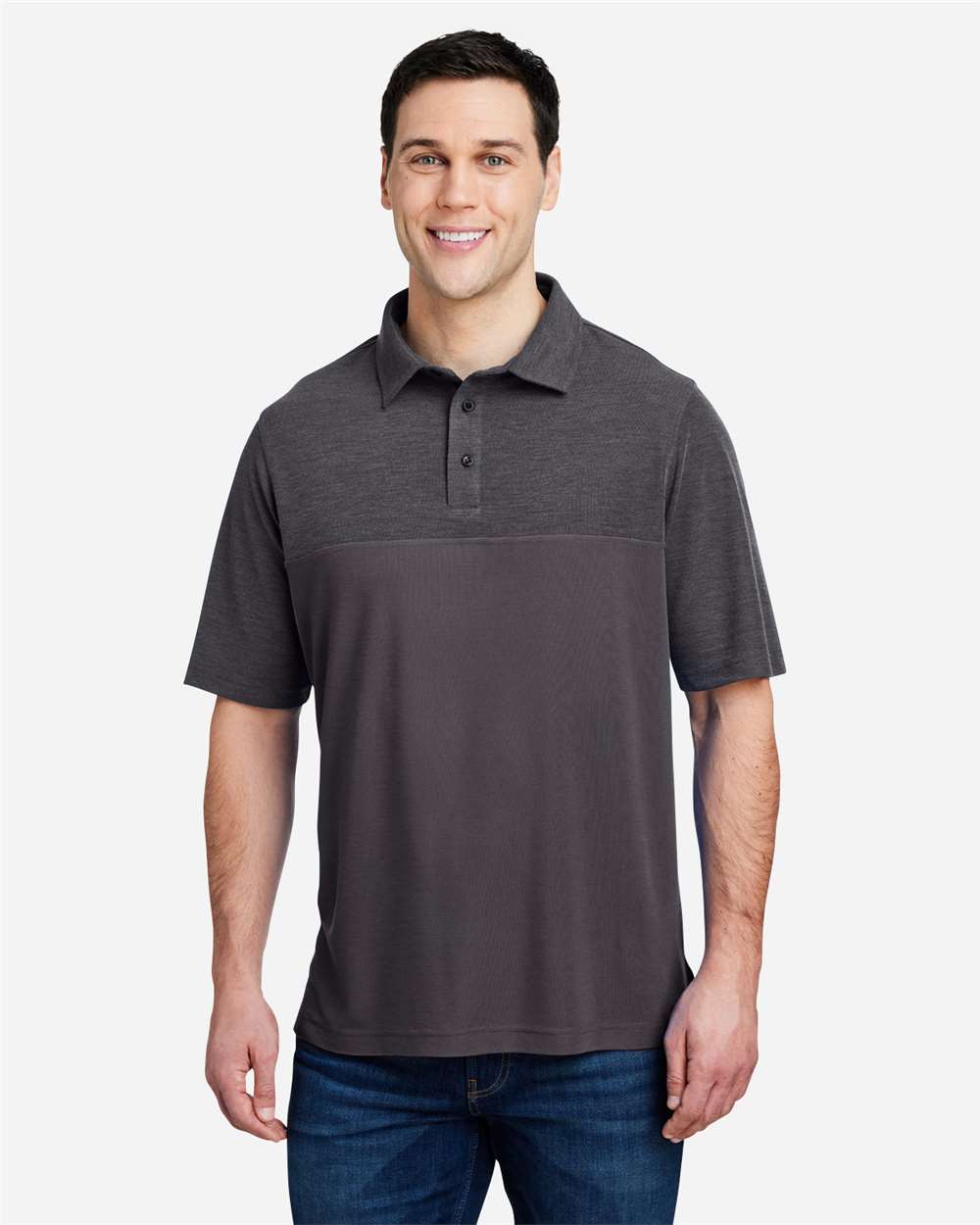 Men's Fusion ChromaSoft™ Colorblock Polo - OnModelFront - B276A7583 - Carbon/ Carbon Heather