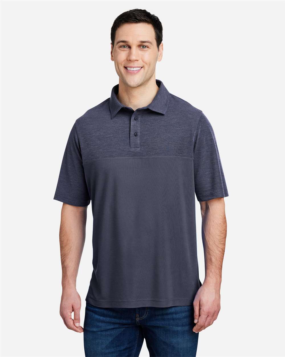 Men's Fusion ChromaSoft™ Colorblock Polo - OnModelFront - B276A7653 - Classic Navy/ Classic Navy Heather