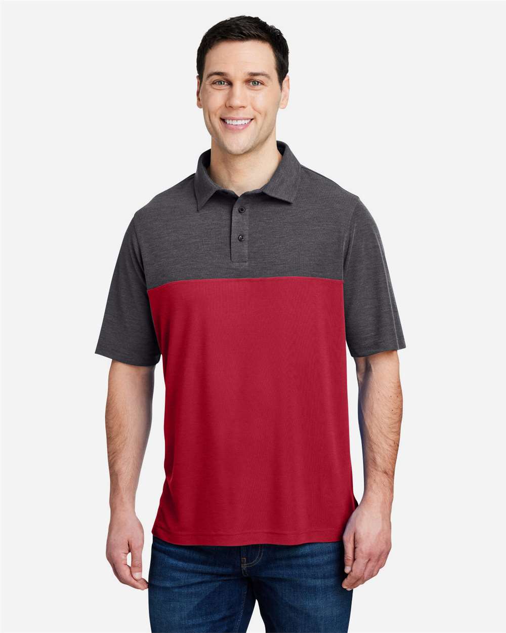 Men's Fusion ChromaSoft™ Colorblock Polo - OnModelFront - B276A7703 - Classic Red/ Carbon Heather