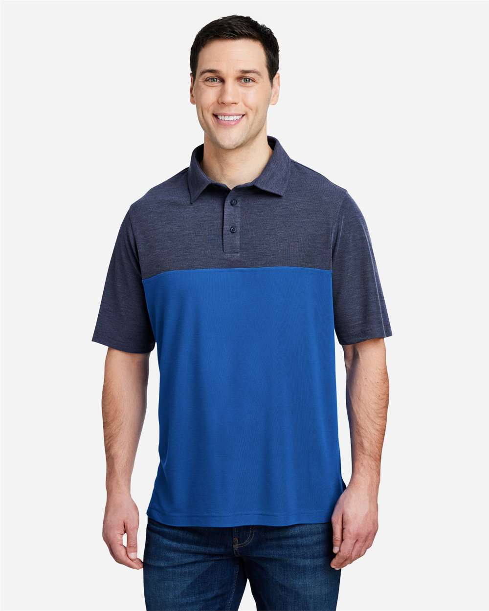 Men's Fusion ChromaSoft™ Colorblock Polo - OnModelFront - B276A7753 - True Royal/ Classic Navy Heather