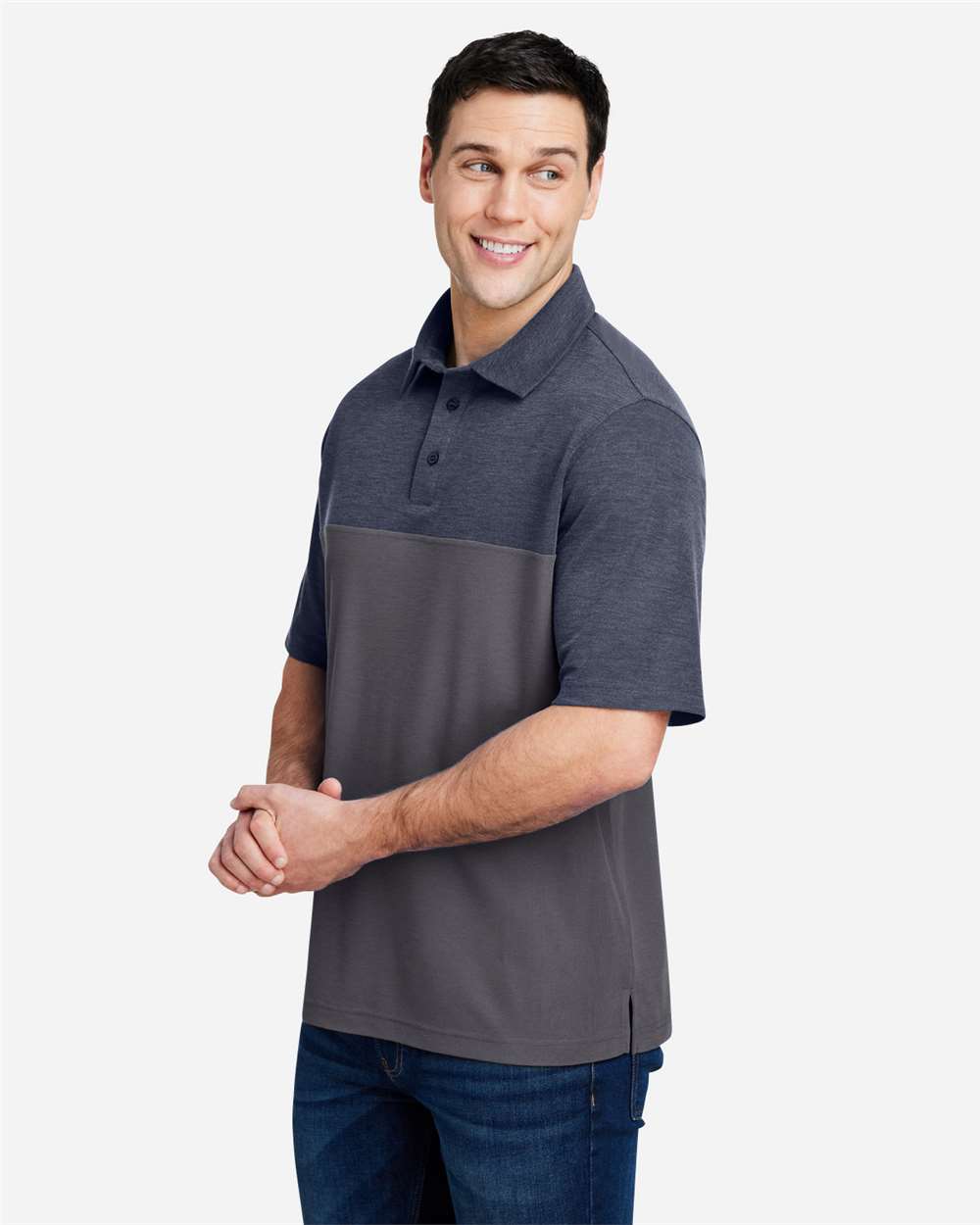 Men's Fusion ChromaSoft™ Colorblock Polo - OnModelSide - B276A7103 - Carbon/ Classic Navy Heather