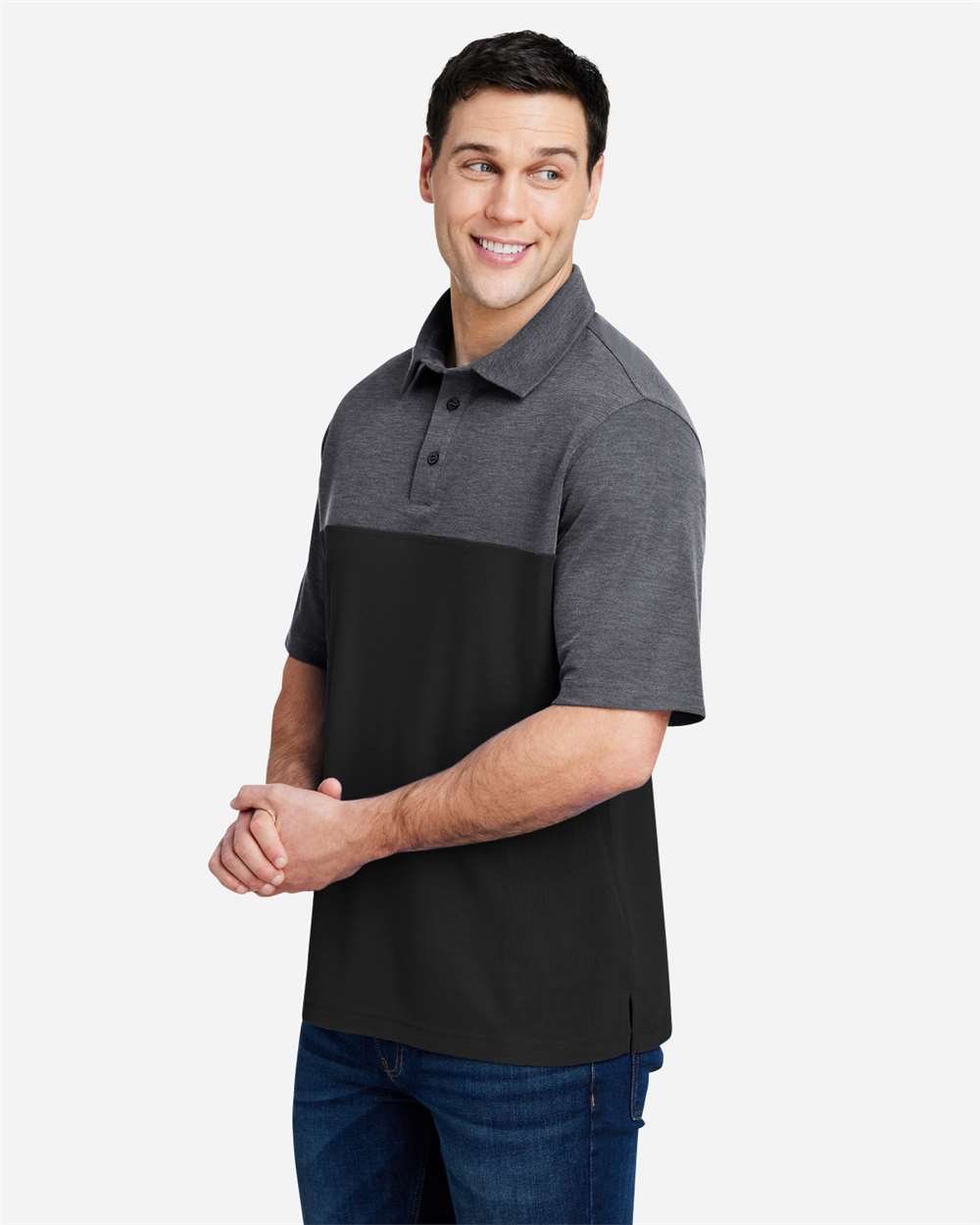 Men's Fusion ChromaSoft™ Colorblock Polo - OnModelSide - B276A7503 - Black/ Carbon Heather