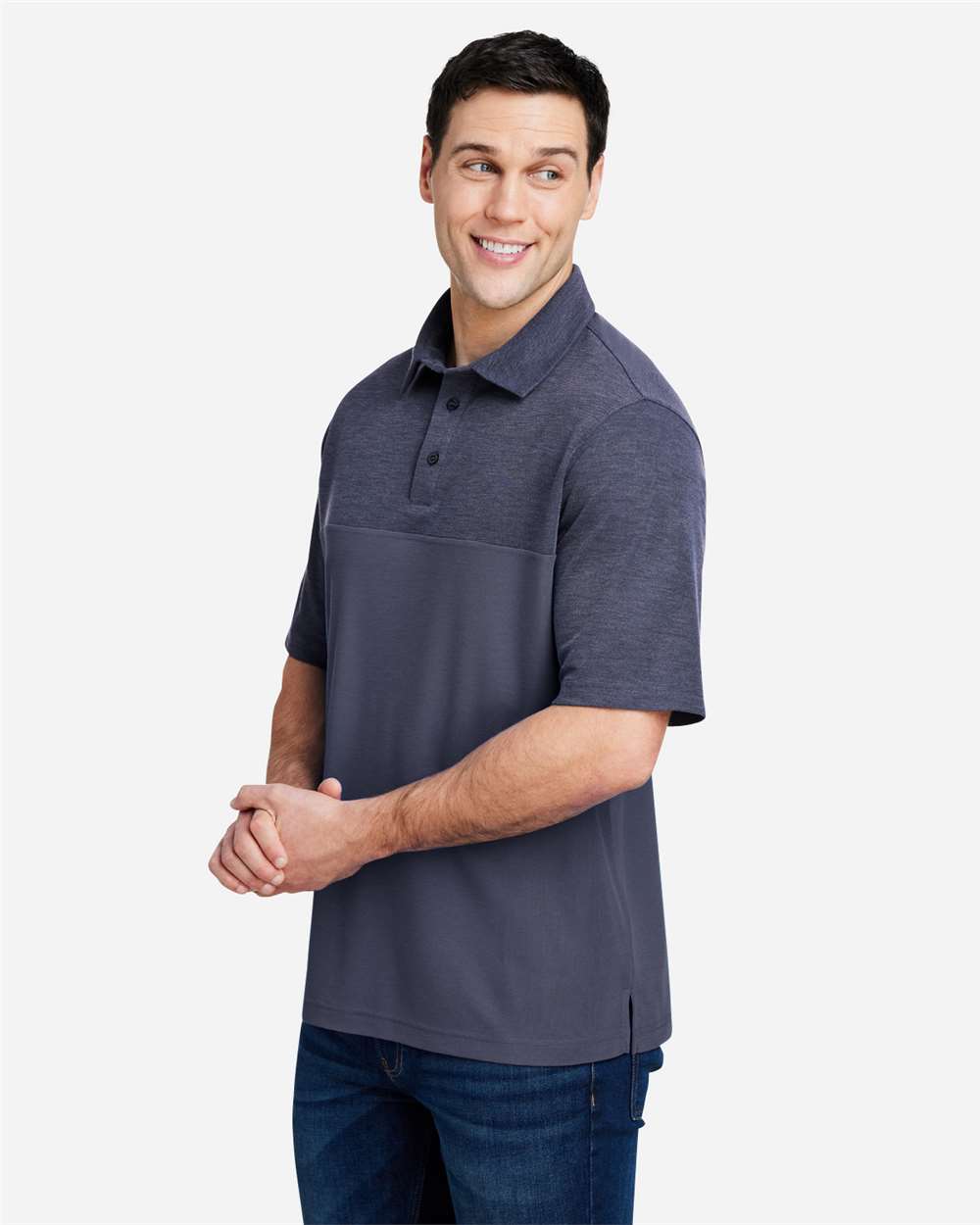 Men's Fusion ChromaSoft™ Colorblock Polo - OnModelSide - B276A7653 - Classic Navy/ Classic Navy Heather