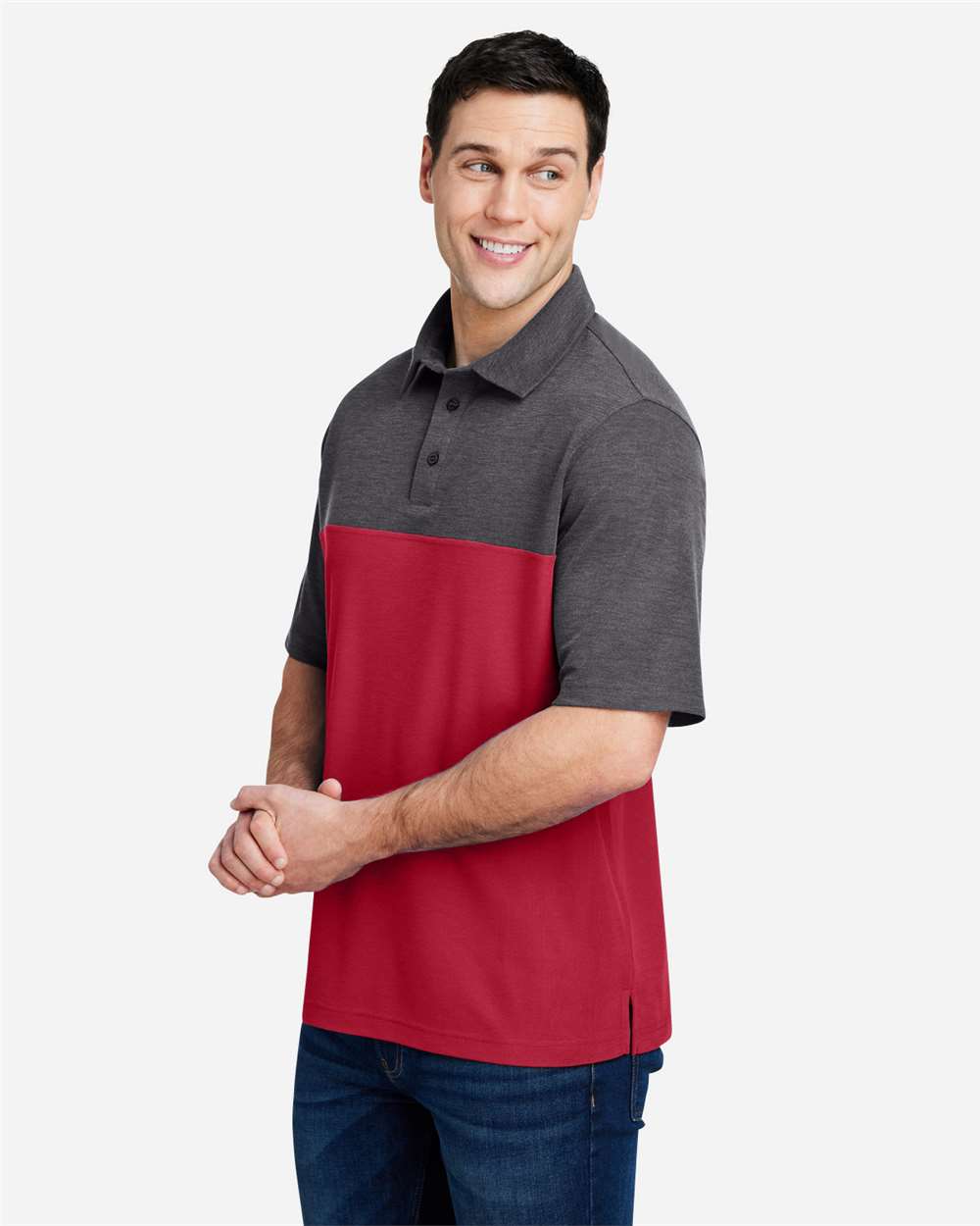 Men's Fusion ChromaSoft™ Colorblock Polo - OnModelSide - B276A7703 - Classic Red/ Carbon Heather