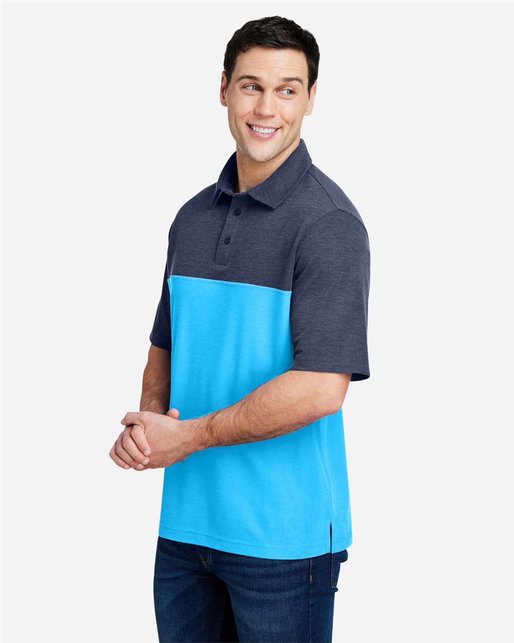 Men's Fusion ChromaSoft™ Colorblock Polo - OnModelSide - B276A7763 - Electric Blue/ Classic Navy Heather
