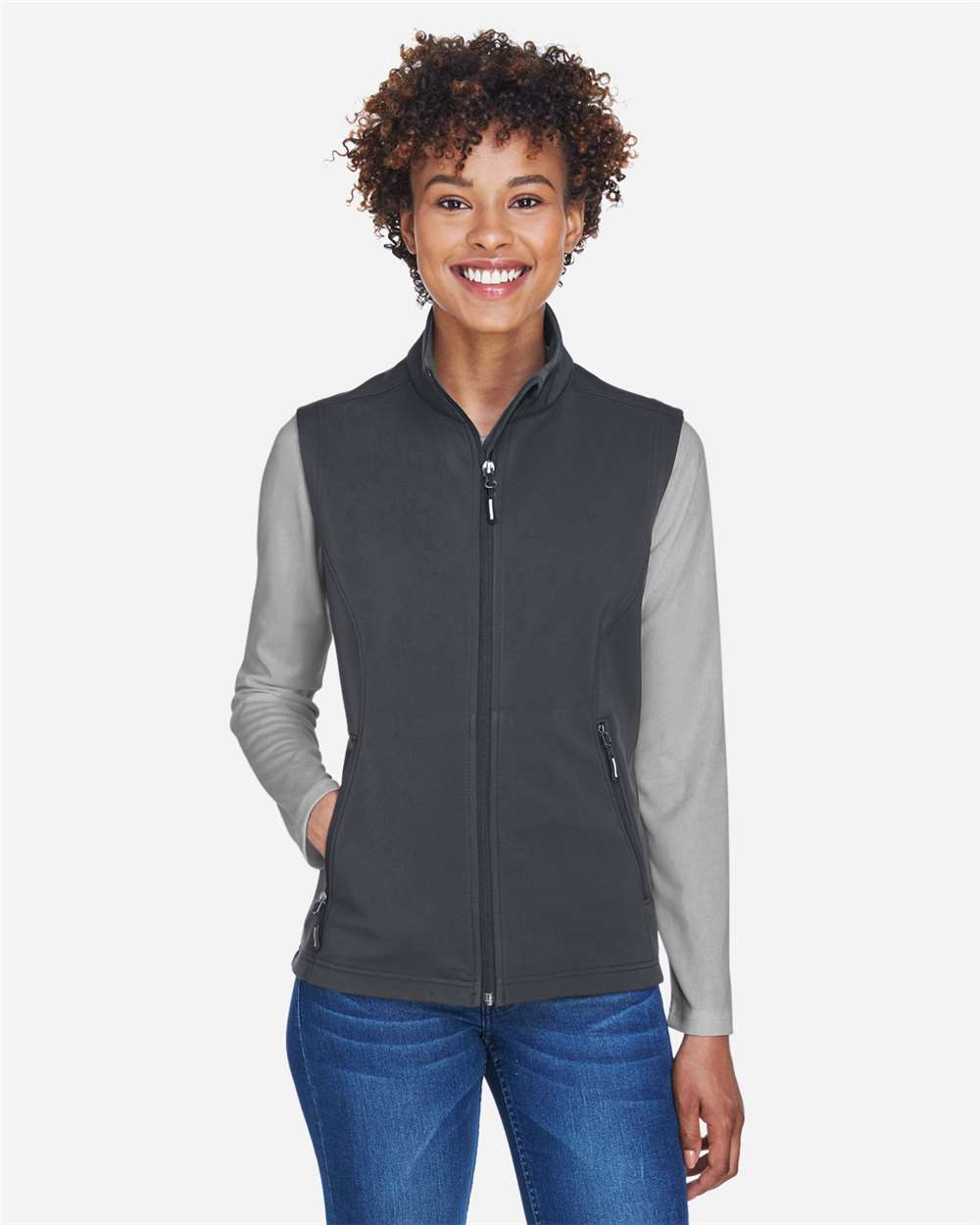 Women's Cruise Two-Layer Fleece Bonded Soft Shell Vest - OnModelFront - B298A7582 - Carbon