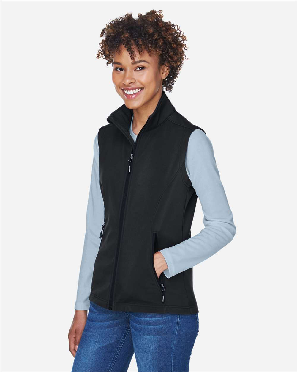 Women's Cruise Two-Layer Fleece Bonded Soft Shell Vest - OnModelSide - B298A7502 - Black