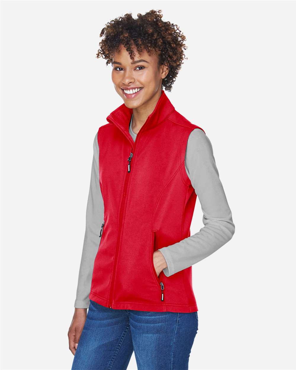 Women's Cruise Two-Layer Fleece Bonded Soft Shell Vest - OnModelSide - B298A7702 - Classic Red