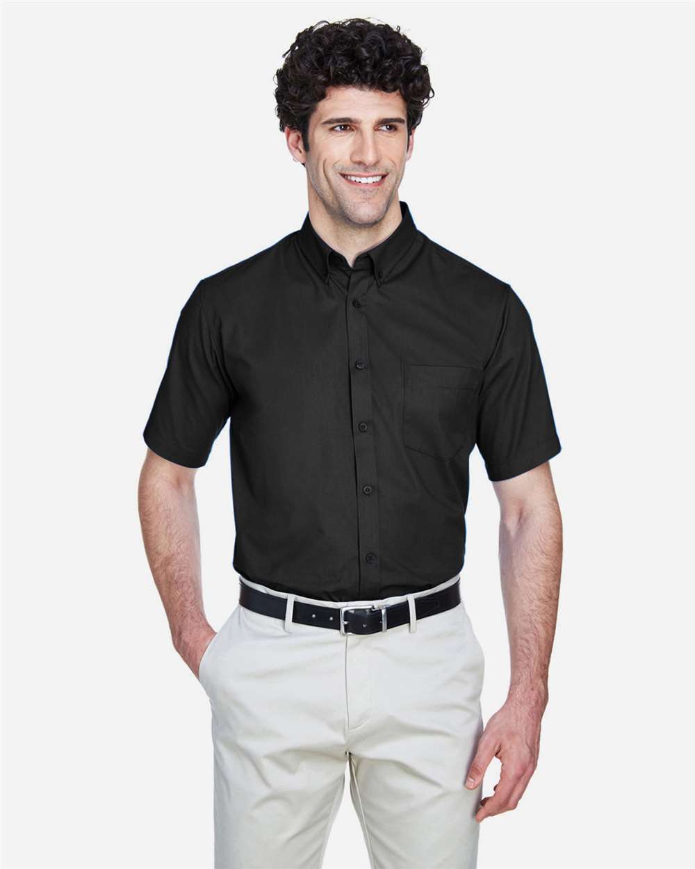 Men's Tall Optimum Short Sleeve Twill Dress Shirt - OnModelFront - B243A7505 - Black