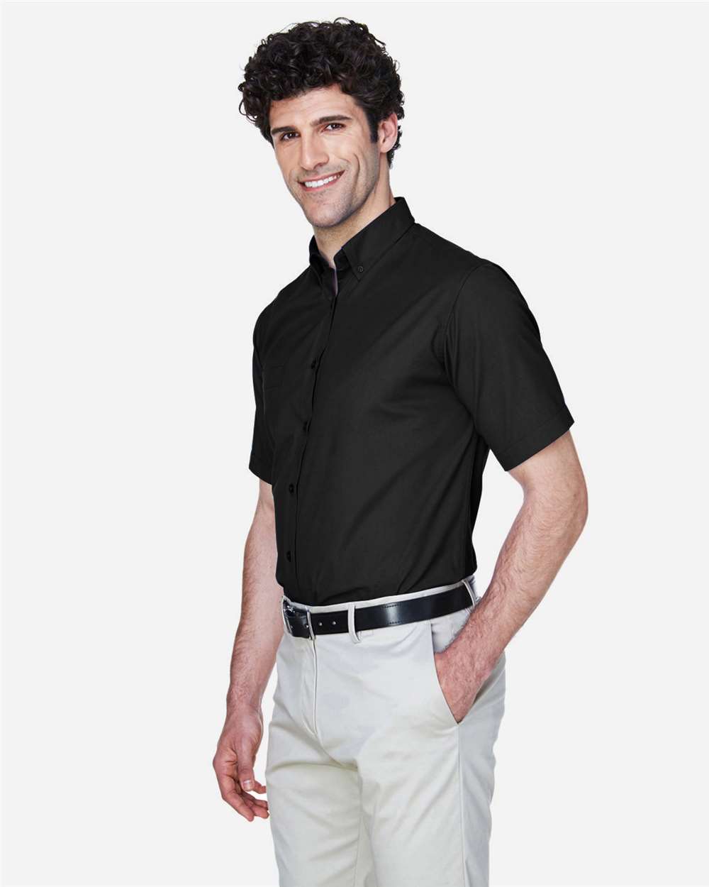 Men's Tall Optimum Short Sleeve Twill Dress Shirt - OnModelSide - B243A7505 - Black