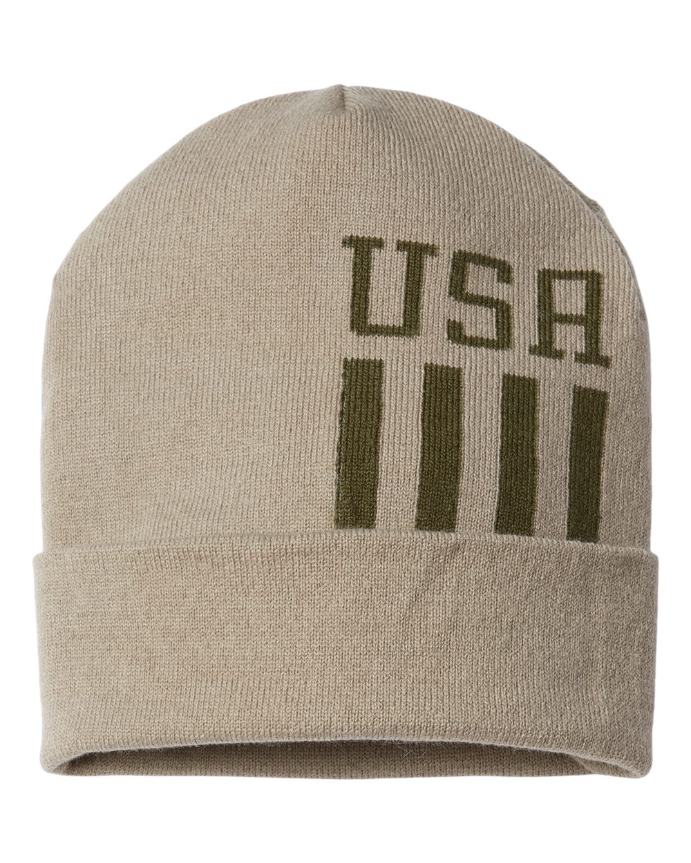 USA-Made Patriotic Cuffed Beanie - Front - B92495100 - Khaki/ Olive USA