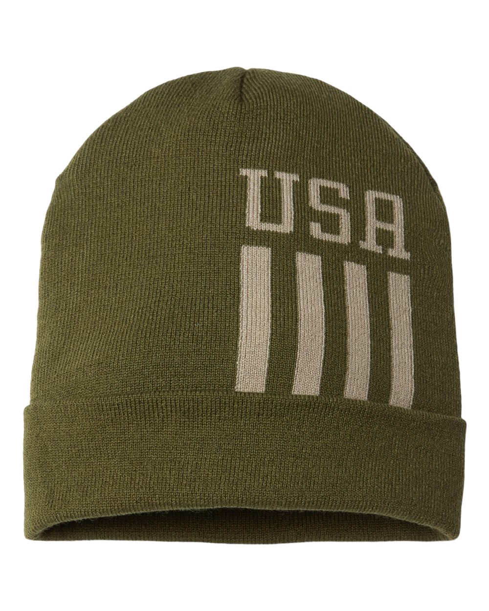 USA-Made Patriotic Cuffed Beanie - Front - B92495110 - Olive/ Khaki USA