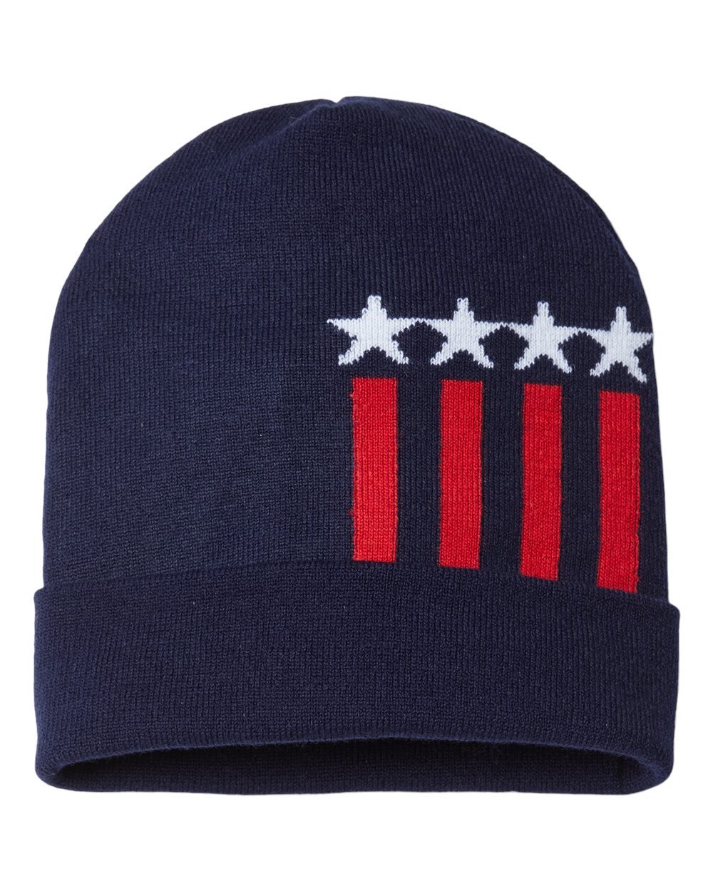USA-Made Patriotic Cuffed Beanie - Front - B92495120 - True Navy/ White/ True Red Stars
