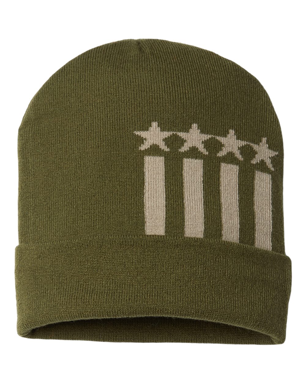 USA-Made Patriotic Cuffed Beanie - Front - B92495540 - Olive/ Khaki Stars