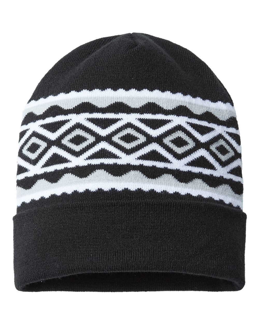 USA- Made Diamond Cuffed Beanie - Front - B03295500 - Black/ Silver