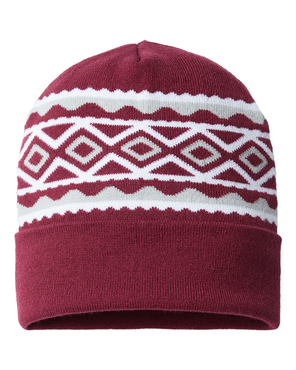 USA- Made Diamond Cuffed Beanie - Front - B03295530 - Maroon/ Silver