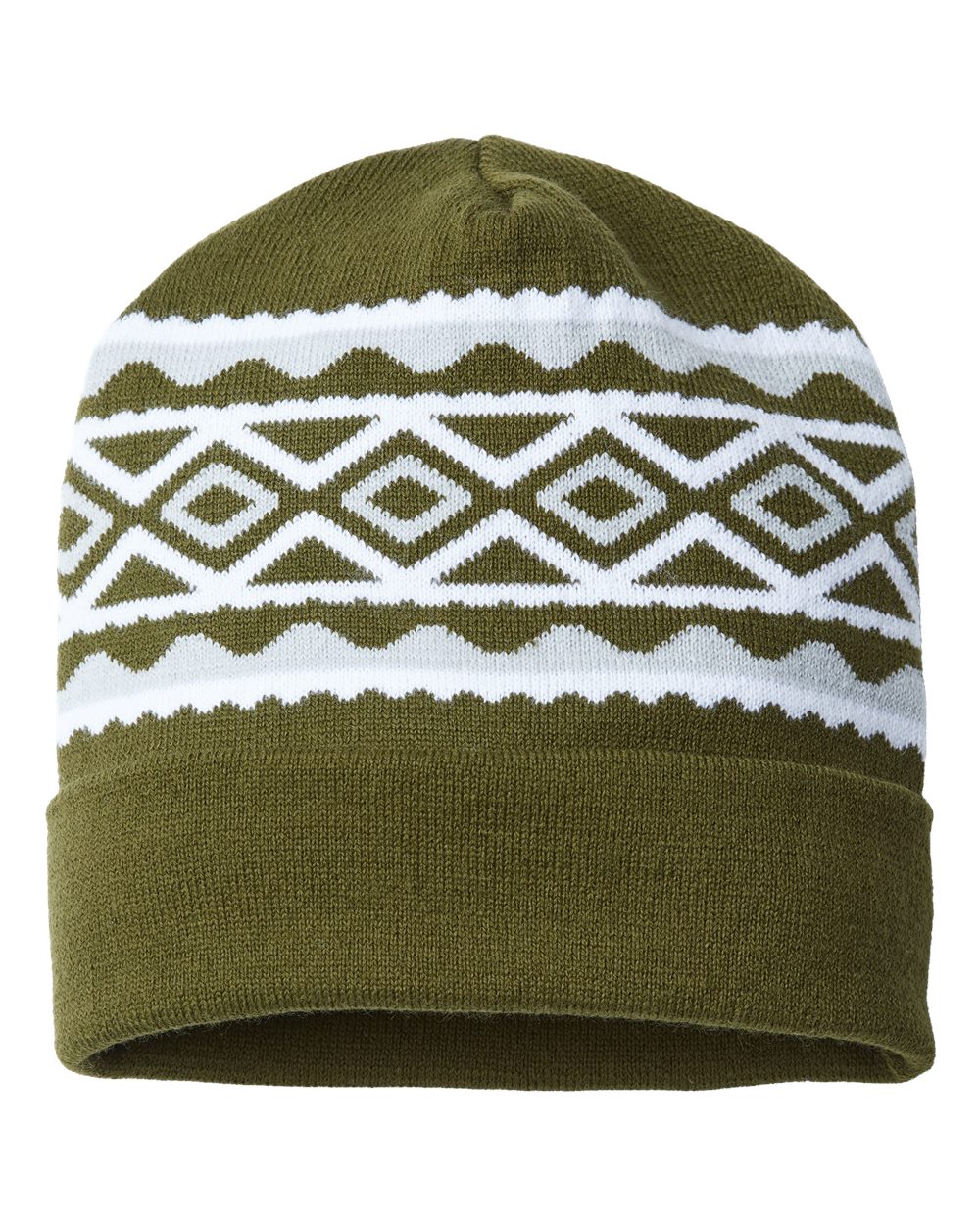 USA- Made Diamond Cuffed Beanie - Front - B03295540 - Olive Green/ Silver
