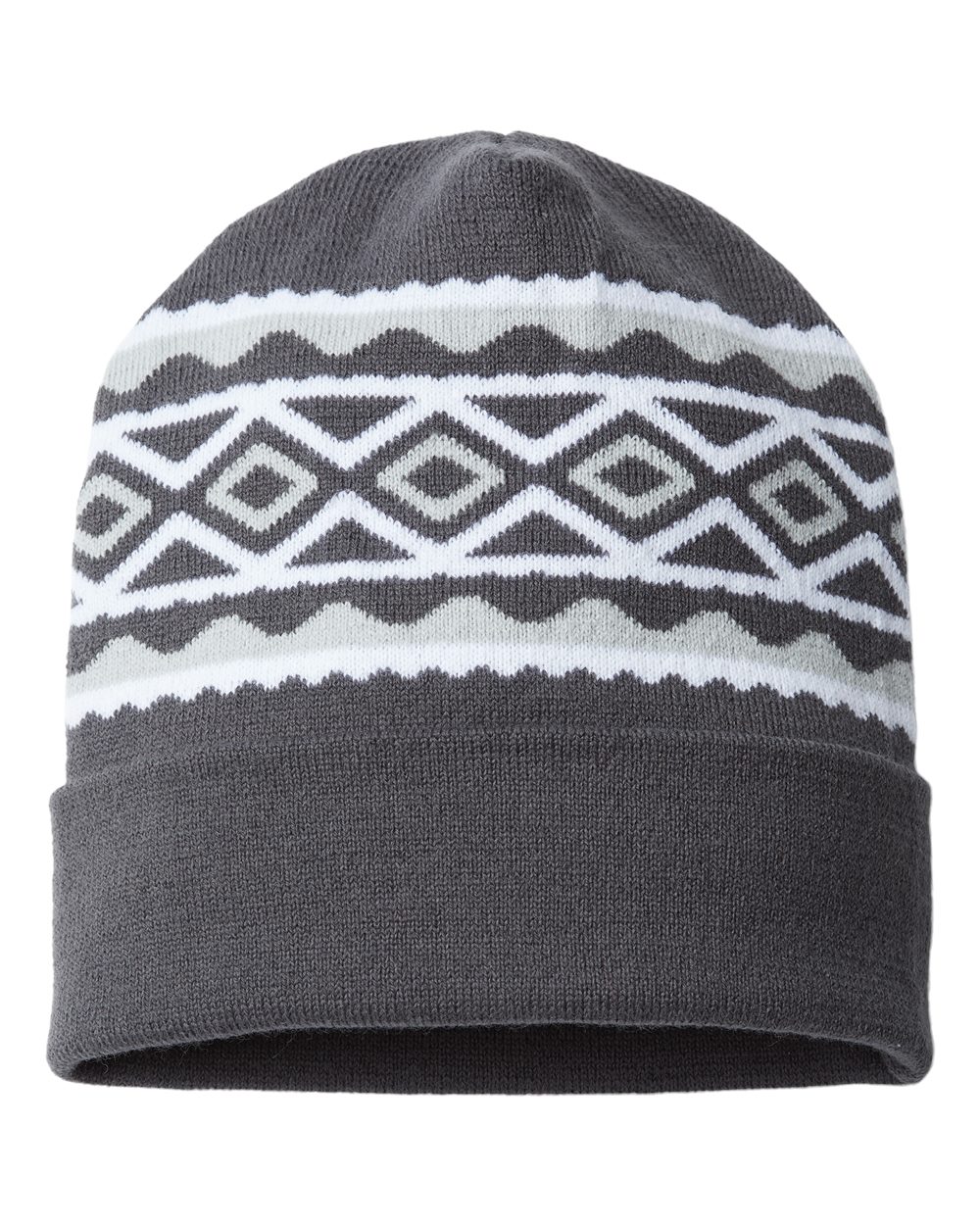 USA- Made Diamond Cuffed Beanie - Front - B03295590 - Iron Grey/ White