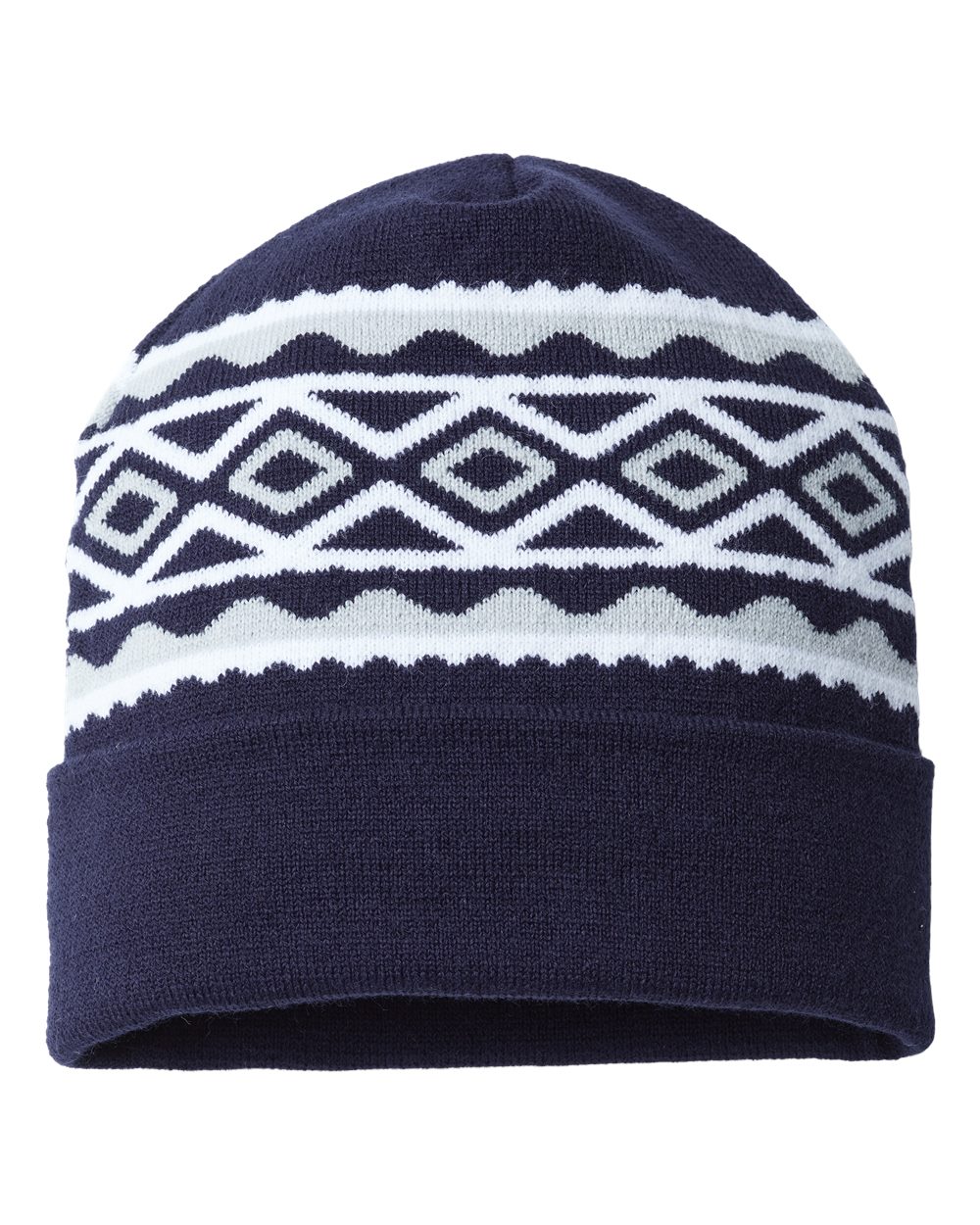 USA- Made Diamond Cuffed Beanie - Front - B03295650 - True Navy/ Silver